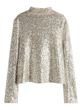 H&M Sequin Party Long Sleeve Mock Neck Blouse Champagne Gold Small-Medium Y2K